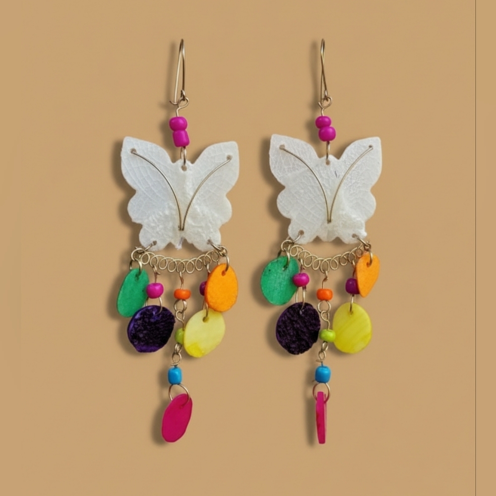 Butterfly Shaped Earrings Dangle Women White Pink Silver Peruvian Handmade Long